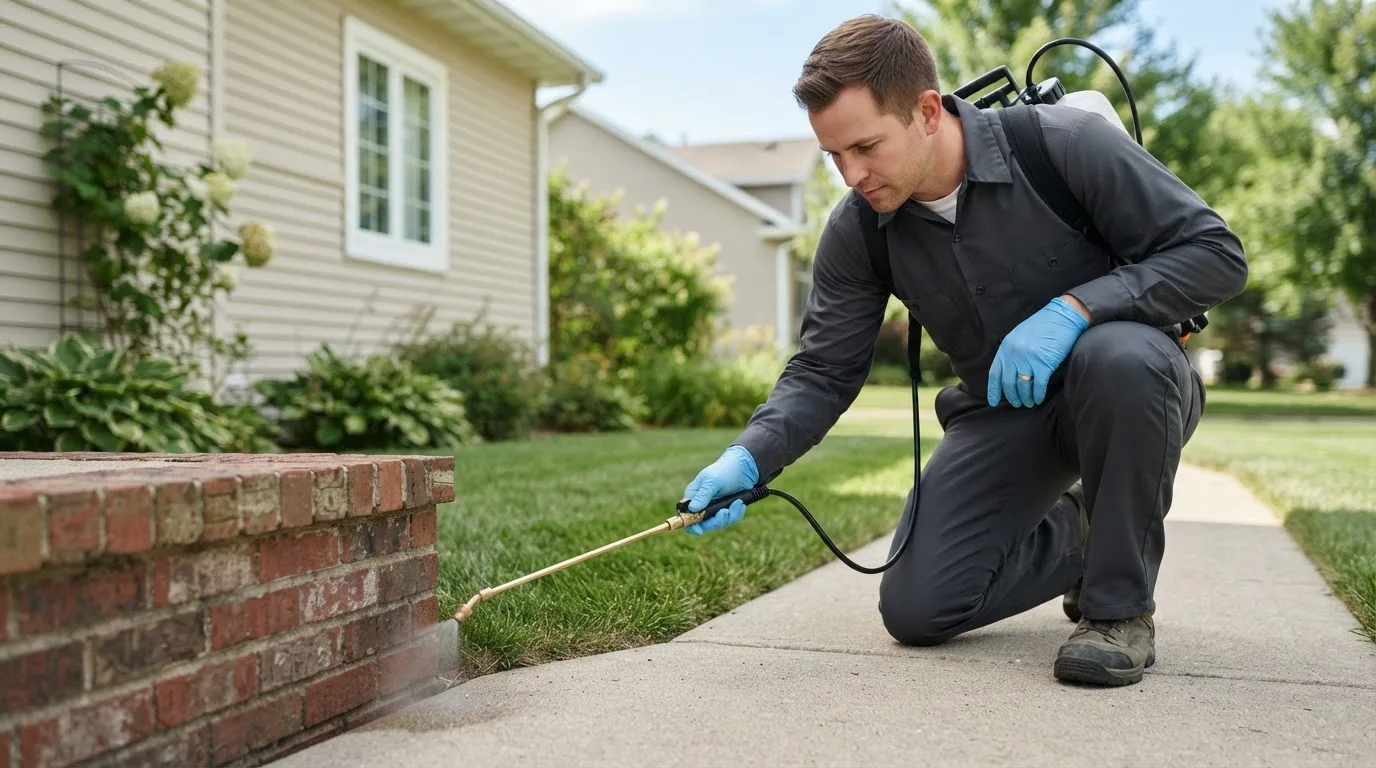 Pest control technician treating a home near Crystal Lake, IA