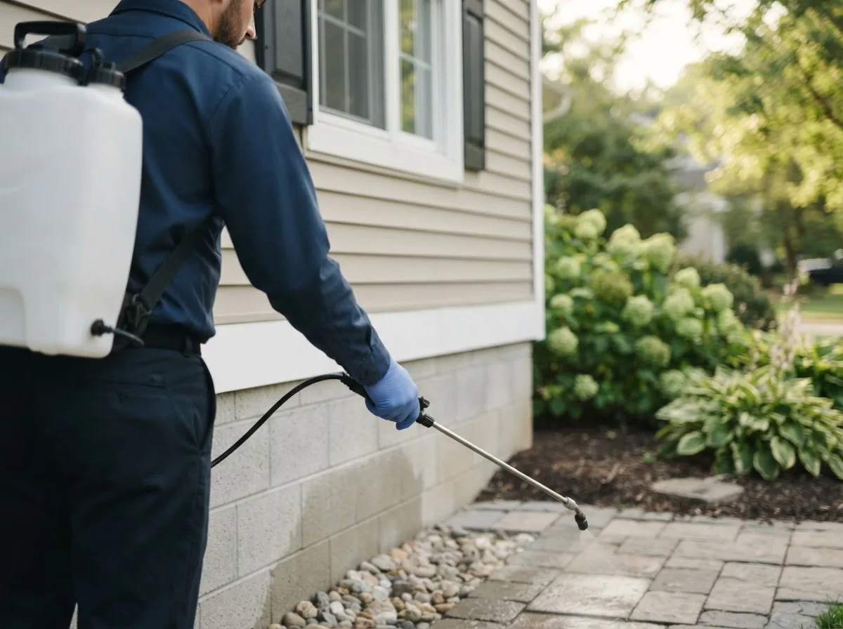 Pest control technician inspecting a home in Crystal Lake, IA